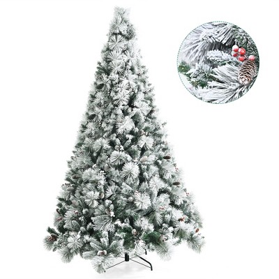 Costway 8ft Snow Flocked Christmas Tree Glitter Tips w/ Pine Cone & Red Berries