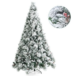 Costway 8ft Snow Flocked Christmas Tree Glitter Tips w/ Pine Cone & Red Berries - 1 of 4