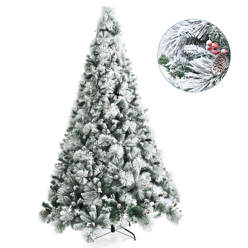Costway 8ft Snow Flocked Christmas Tree Glitter Tips w/ Pine Cone & Red Berries, 1 of 11
