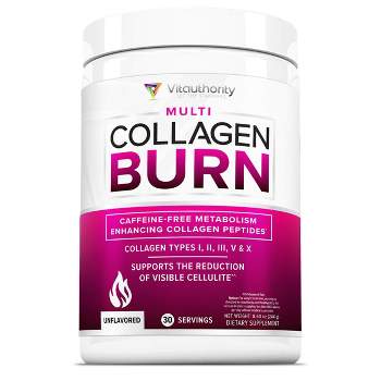 Multi Collagen Burn Powder, Multi Collagen Peptides Powder with Types I II III V & X for Fat Burning Support, Unflavored, Vitauthority, 30 Servings
