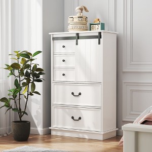 51'' Farmhouse Drawer Chest with Sliding Door, Multi-Storage Drawer Dresser with 5 Drawers and Storage Shelf White - 1 of 4