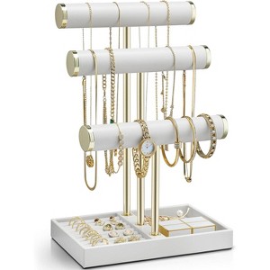 3-Tier Leather Jewelry Stand with Tray, Multi-Level Display Organizer for Bracelets, Necklaces, Watches & Rings, White - 1 of 4