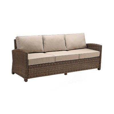 Beige Wicker and Steel Outdoor Three-Seat Sofa