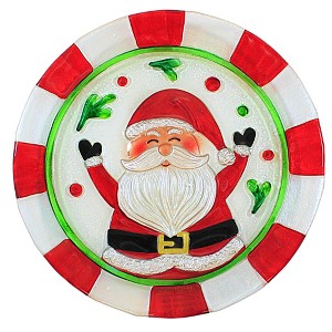 Transpac 12.0 Inch Jolly Santa Platter Fused Glass Christmas Holly Serving Platters - 1 of 3