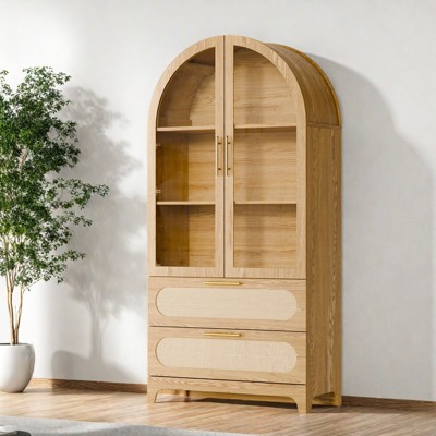 INFURNIC Decorative Storage Cabinets Storage Display Cabinet With Rattan Drawer And Storage Shelf, Arched Cabinet, Brown, 15.7"*35.0"*72.8"