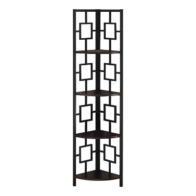 Monarch Specialties Bookshelf Bookcase Etagere Corner 4 Tier 62InchH Office Bedroom Metal Laminate Brown Black Contemporary Modern