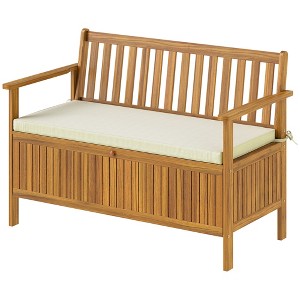 Outdoor Bench with Storage Compartment, Acacia Wood Patio Bench with Cushion, 2 Seater Garden Bench - 1 of 4