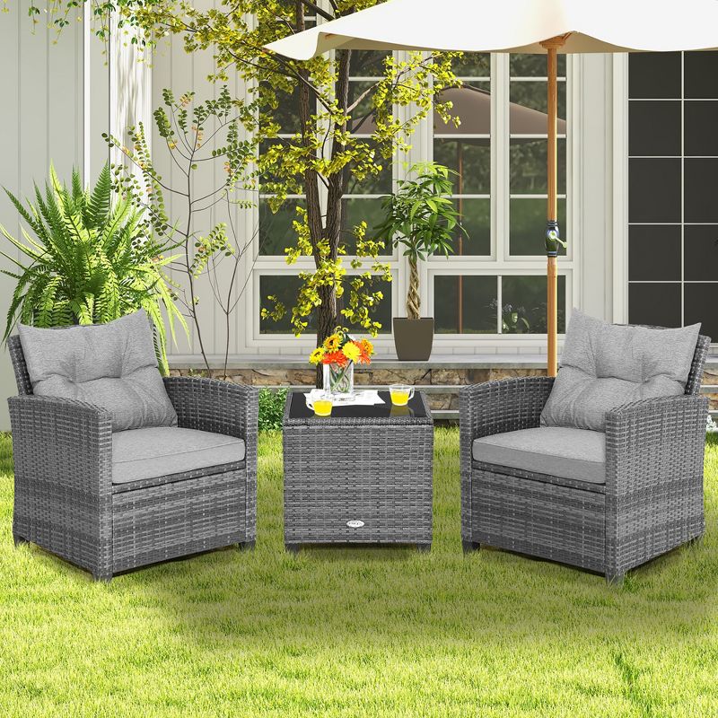 Costway 3PCS Patio Rattan Furniture Bistro Set Cushioned Sofas Side Table Armrest Red/Grey/Navy, 1 of 11