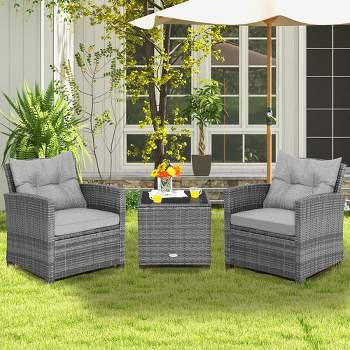 Costway 3PCS Patio Rattan Furniture Bistro Set  Cushioned Sofas Side Table Armrest Grey