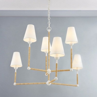 White and Natural 41" 6-Light Belgian Linen Chandelier