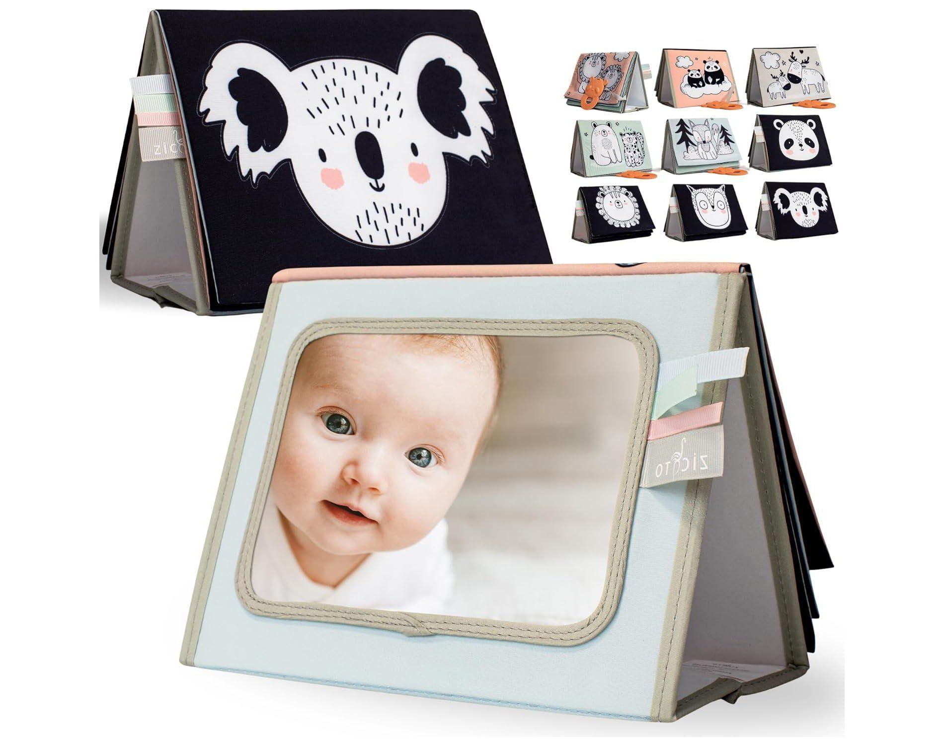 Soft Tummy Time Book with Large Stimulating Baby Safe Mirror - Fun High Contrast Montessori Toy For Safe Early Newborn/Infant Development