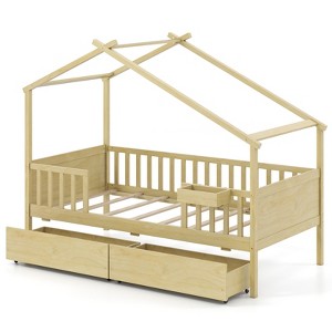 Tangkula Twin House Bed w/ 2 Storage Drawers Roof & Fence Rails Headboard & Footboard - 1 of 4