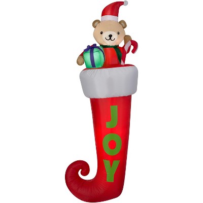 Gemmy Christmas Airblown Inflatable Stocking Hanging From Gutter Teddy Bear, 7 ft Tall, Multicolored