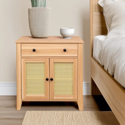 COMHOMA Wood Cabinet with Rattan Decorated Door, Sliding Drawer, Adjustable Shelf, Nightstand, Bedside Table