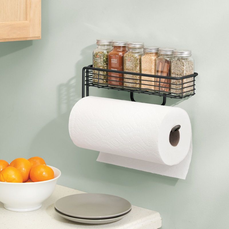 mDesign Wall Mount Metal Paper Towel Holder with Storage Shelf, 2 of 8