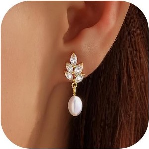 Pearl Earrings,14k Gold Plated Trendy Diamond Pearl Drop Earrings Bridal Shower Gifts Wedding jewelry for Women - 1 of 4