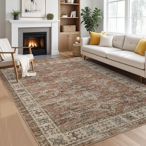 Boho Distressed Rug Vintage Medallion Print Carpet Machine Washable Low Pile Thin Floor Area Rug - 1 of 4