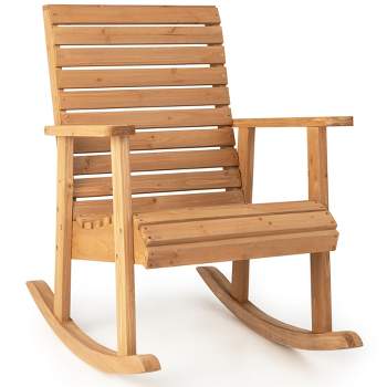 Costway Patio Wooden Rocking Chair High Back Fir Wood Armchair Natural Garden Yard
