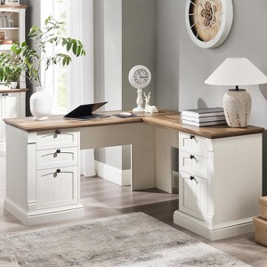 SinCiDo 60" L-Shaped Desk,Farmhouse Computer Desk with Charging Station,Filing Cabinet Storage, Drawer,Study Writing Desk - 1 of 4