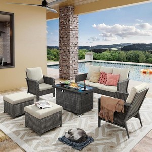 Patio Furniture Set 6 Peices with 44" Propane Gas Fire Pit Table, Outdoor Sectional Furniture Conversation Sofa Set with Cushion for Porch Backyard - 1 of 4