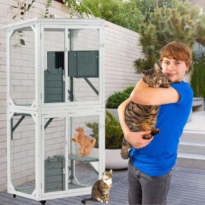 Wooden Patio Outdoor Cat Enclosure on Wheels,Outdoor Indoor Pet Climbing Cage with 2 Jumping Platforms & Weatherproof Asphalt Roof, Sliding Doors - 1 of 4