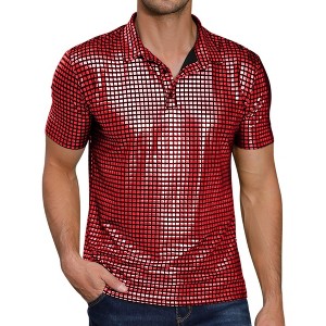 BLUEMING Mens Shirt Short Sleeve Polo Vintage Sequin Metallic 70s Outfits Party Costume Top - 1 of 4