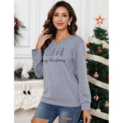 Merry Christmas Sweatshirt for Women Long Sleeve Crewneck Xmas Plaid Tree Graphic Funny Holiday Blouse Tops