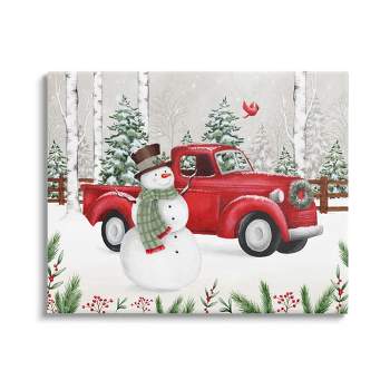 Stupell Industries Winter Wonderland Snowman Cardinal Snowy Red Truck Canvas Wall Art