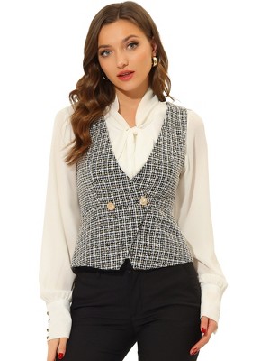 Allegra K Women's Vintage Tweed Double Breasted Sleeveless Plaid Waistcoat Vest