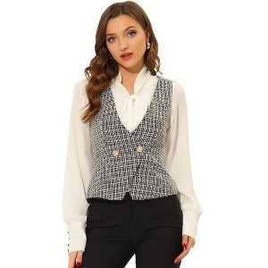 Allegra K Women's Vintage Tweed Double Breasted Sleeveless Plaid Waistcoat Vest - 1 of 4