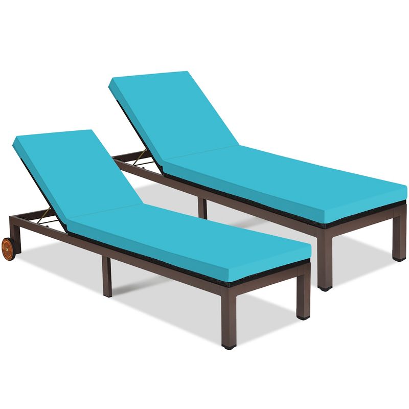 2PC Patio Rattan Lounge Chair Chaise Recliner Back Adjustable W/Wheels Cushioned Turquoise\White, 2 of 11