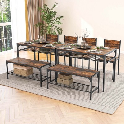 Rustic Brown MDF and Metal Dining Table Set with Bench and 2 Chairs