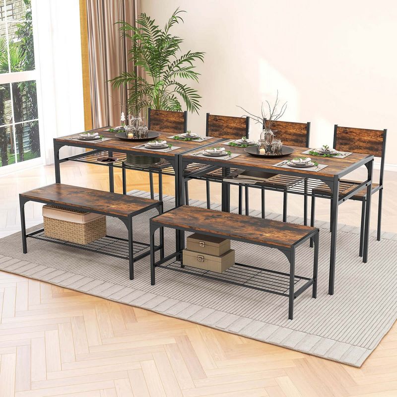 Costway Dining Table Set for 4 Rectangular Table with 2 Chairs, 1 Bench, Storage Racks Rustic Brown/Grey, 5 of 11