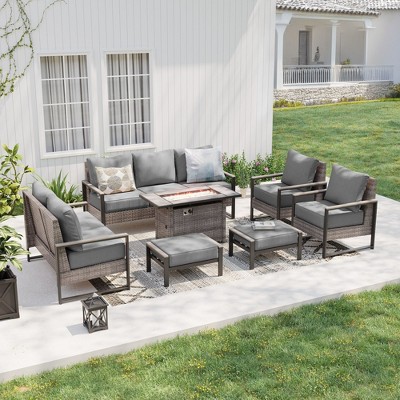 Sonkuki Patio Sofa Set with 45'' Fire Pit Table, All-Weather PE Rattan Wicker Patio Conversation Couch with Cushion