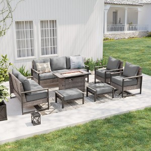 Sonkuki Patio Sofa Set with 45'' Fire Pit Table, All-Weather PE Rattan Wicker Patio Conversation Couch with Cushion - 1 of 4
