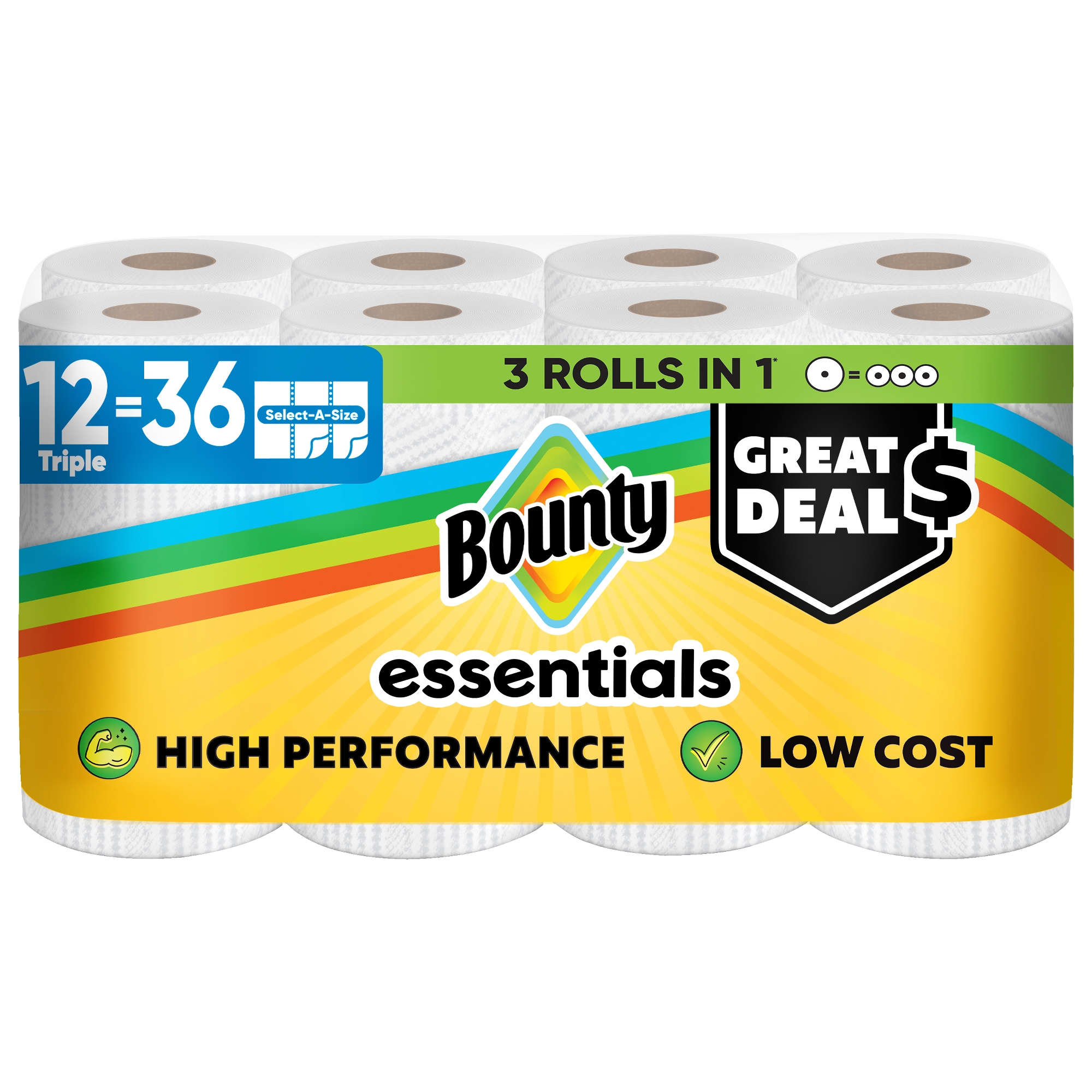 Bounty Essentials Select-A-Size White Paper Towels - 12 Triple Rolls - 2-Ply - 162 Sheets