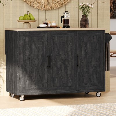 51.2" Geometric Twill Stripe Textured Design Kitchen Island on Wheels, with Drop Leaf, Internal Storage Rack and Towel Rack, for Kitchen