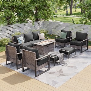 Sonkuki Patio Sofa Set with 45'' Fire Pit Table, All-Weather PE Rattan Wicker Patio Conversation Couch with Cushion - 1 of 4
