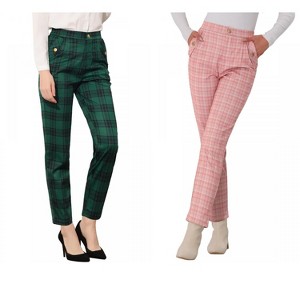 INSPIRE CHIC Women's Vintage Tartan Plaid Elastic Waist Straight Long Trousers 2 Packs - 1 of 4