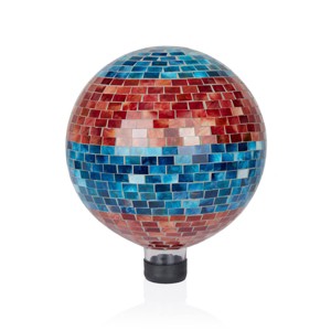 Alpine Corporation 10" Glass Striped Mosaic Gazing Globe Outdoor Decorative Globe Turquoise & Orange - 1 of 4