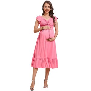 Womens Maternity Short Sleeve Sweetheart Neck Summer Casual Smocked Boho Drawstring Maxi Dress Photoshoot Baby Shower - 1 of 4