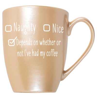 Elanze Designs Naughty Nice Depends On Whether Or Not I'Ve Had My Coffee Pearlescent Sand 10 ounce New Bone China Coffee Cup Mug
