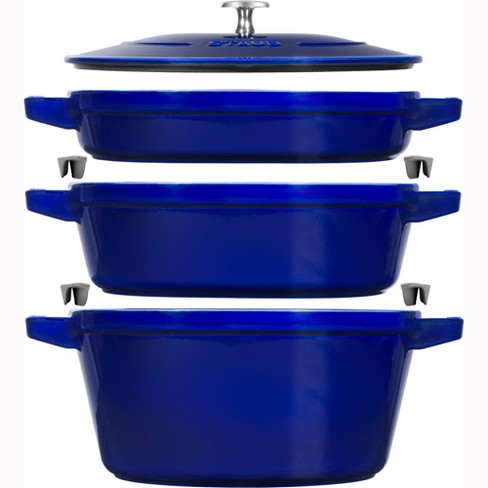 STAUB Cast Iron Set 4-pc, Stackable Space-Saving Cookware Set, Dutch Oven  with Universal Lid, Made in France, Dark Blue