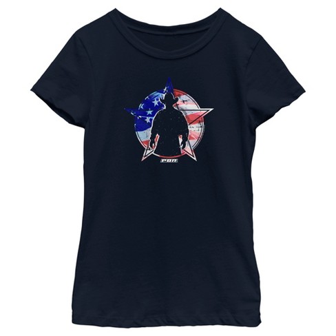 Girl's Professional Bull Riders American Flag Cowboy Silhouette T-Shirt -  Navy Blue - Large