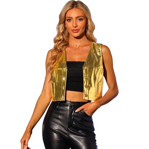 Allegra K Women's Holographic Crop Sleeveless Metallic Vest Gold X