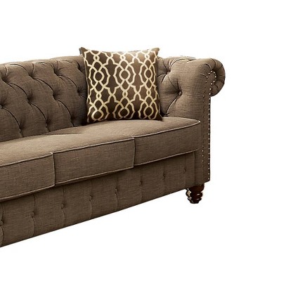 Aurelia Brown Tufted Linen Sofa with Rolled Arms