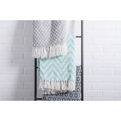 Aqua Chevron Cotton Throw Blanket with Fringe