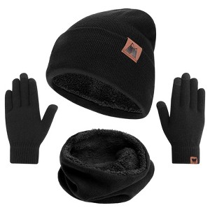 Mysuntown Winter Hat Scarf and Touch Screen Gloves 3-Piece Set, Cold Weather Knit Fleece Lined Warm Unisex Sets - 1 of 4