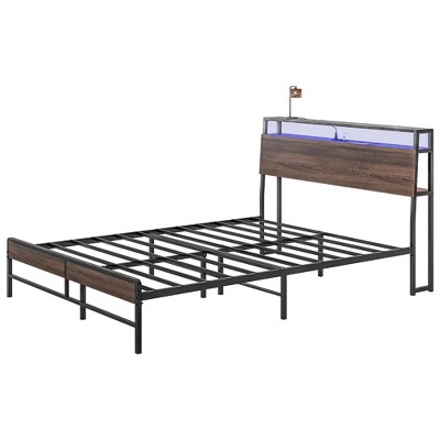 Queen Size Bed Frame with LED Lights and Charging Station, Queen Bed Frame with Storage Headboard, Noise-Free