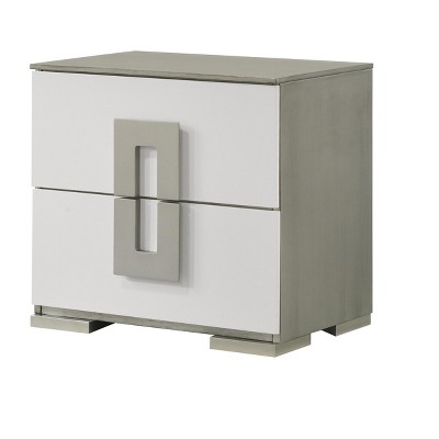 Vynxaria Olivia Contemporary White 2-Drawer Nightstand, Wood Build, Semi-Gloss Finish, Metallic Accents, Oversized Handles
